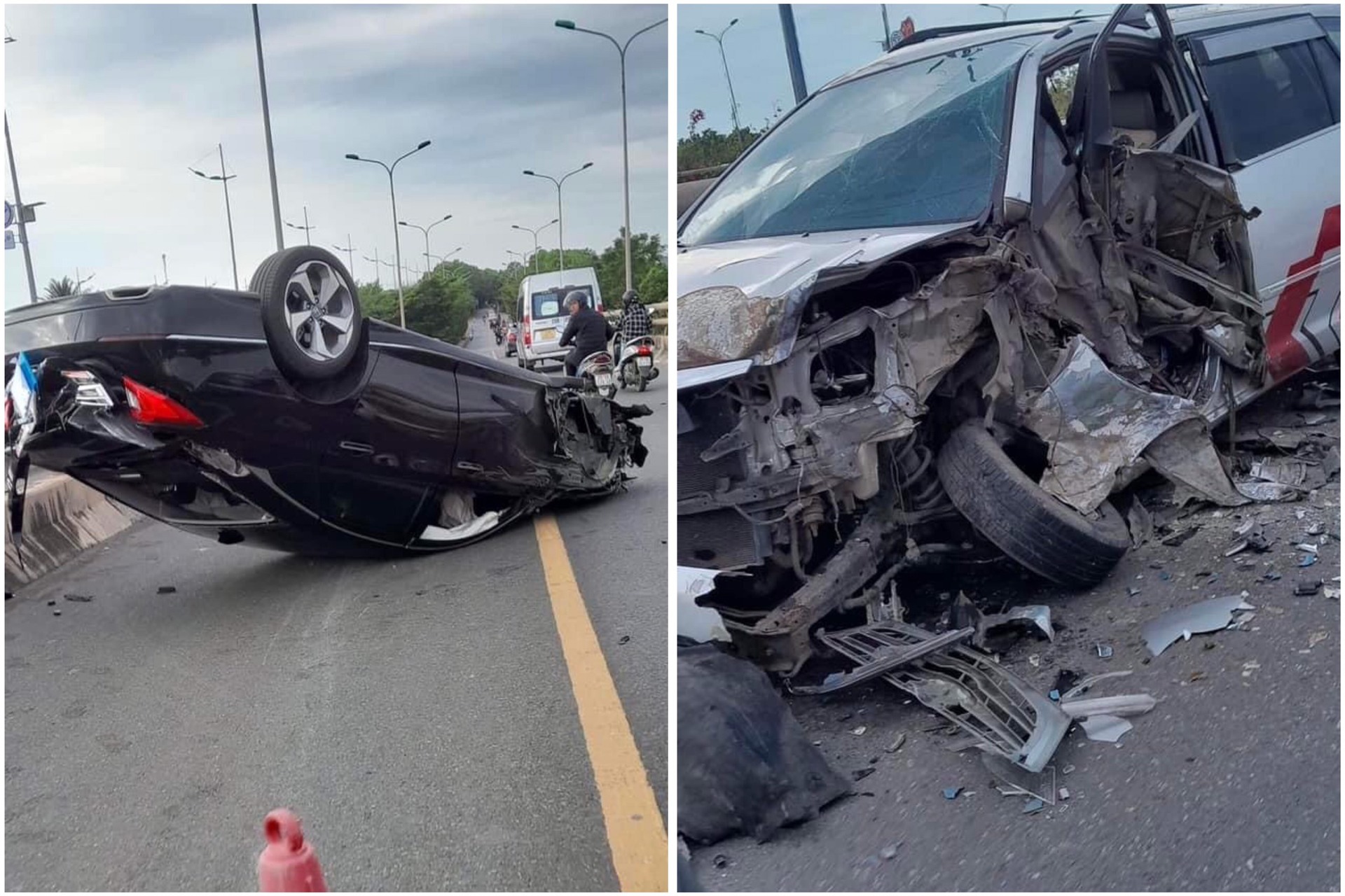 ha noi oto lat nguoc tren cau vuot sau tai nan un tac giao thong keo dai hinh 1